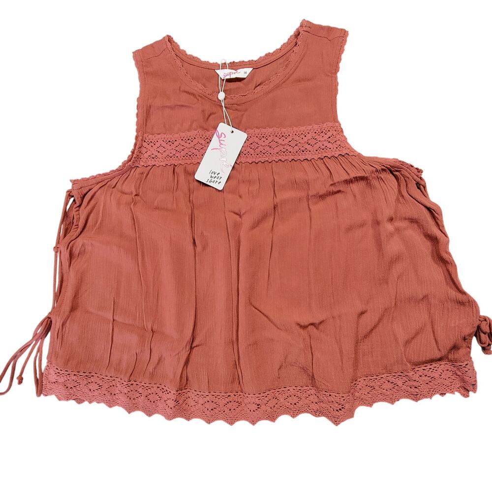 Supre Brown Cowhide Tank NEW $30 Lace Open Tie Sides Women's Size 14 Australian